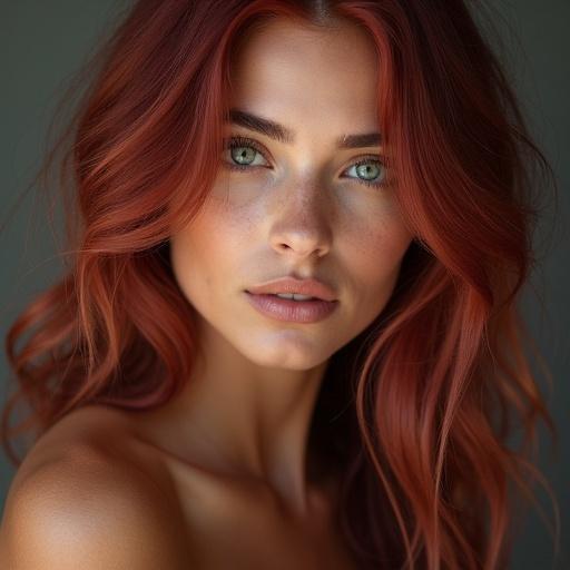 Close-up portrait of a female model with striking red hair and captivating green eyes. The image showcases her natural beauty and soft features against a neutral background.