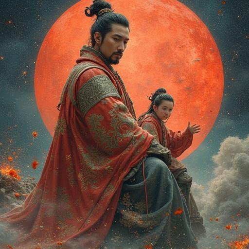 A scene with two ancient Chinese figures in traditional attire against a large red moon background. The first figure is a man dressed richly, the second appears younger. Both exhibit intense expressions.