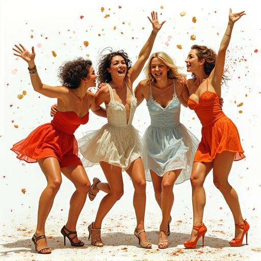 Full body view of four happy women celebrating against a plain white background in a chaotic and lively scene. The mood is festive and disorderly, capturing a humorous and playful essence. The visual evokes a sense of joy and camaraderie.
