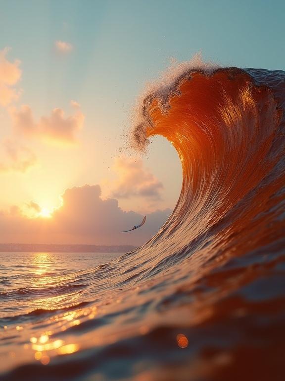 Surreal landscape with a giant wave shaped like an A4 sheet made of luxurious leather. The leather has the texture of Hermès premium leather in warm earthy tones. The wave ripples gracefully. The sky is painted in soft sunset colors, with the sun low on the horizon casting a warm glow. A blue Hermès watch floats above the wave, gleaming in the sunlight. The scene is ethereal, without humans, symbolizing luxury and beauty.