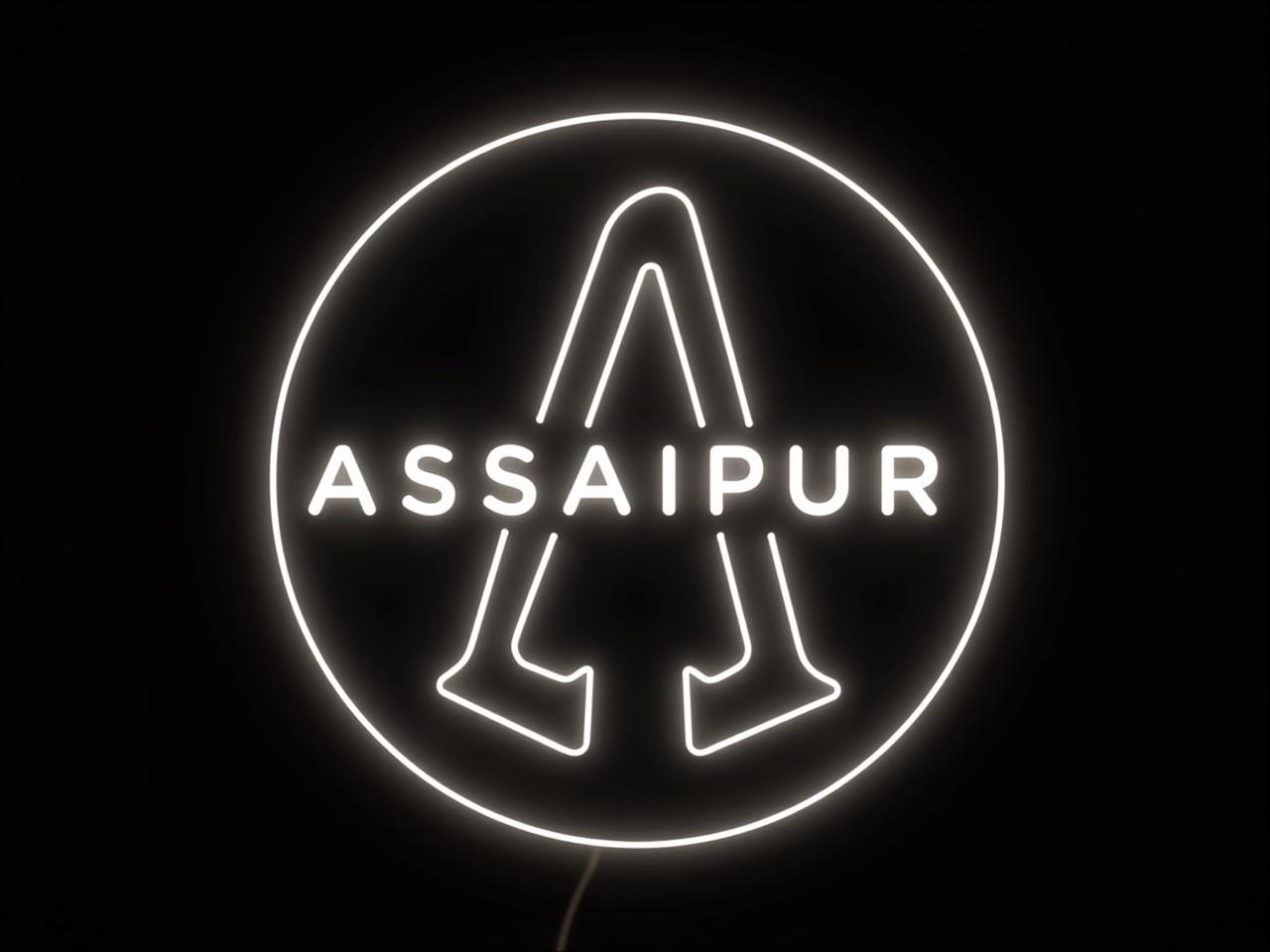 A neon sign on a black background with the words 'ASSAI PUR' in a circular format. The sign has a bold outline with glowing neon lights in white. Inside the circle is a large, stylized letter 'A' with smaller letters 'P' below it. The design gives off a modern and sleek appearance, radiant and eye-catching. The overall composition is minimalistic, emphasizing the glow of the neon elements against the dark background.