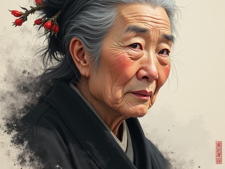Serene Chinese ink painting shows the face of a wise Korean old woman. Expression conveys a lifetime of stories. Set against a matte background on oil canvas. Captures East Asian artistry beauty of aging with dignity. Head and shoulders portrait. 8k resolution concept art by top artists. Dynamic lighting hyperdetailed intricately detailed splash art.