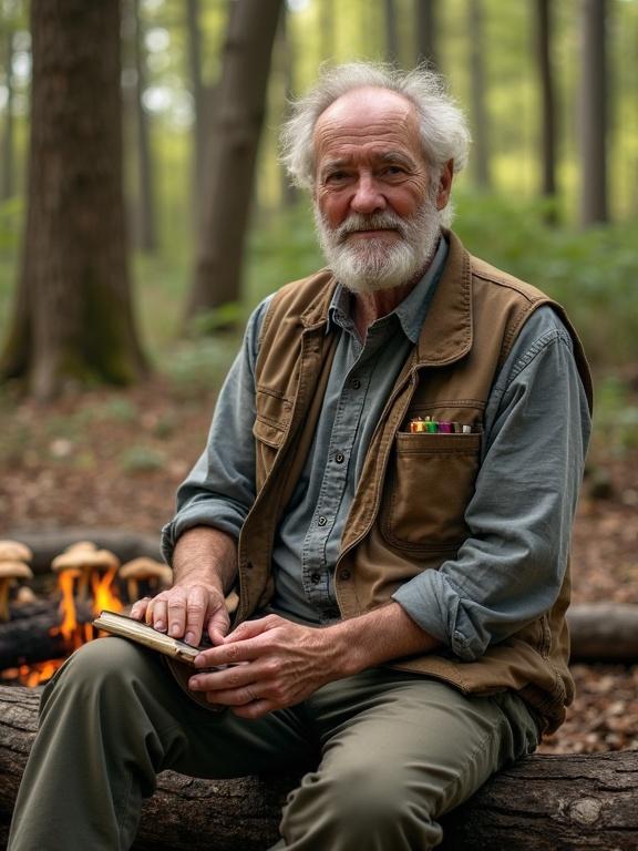 A cherubic man in his 50s sits by a campfire in a forest clearing. He has kind eyes and a scruffy salt-and-pepper beard. The man wears a flannel shirt and a canvas vest with pens. He holds a wooden spoon or herbs in weathered hands. A log beside him has mushrooms growing from it. A field notebook rests on his lap. The scene captures warmth and depth of nature.