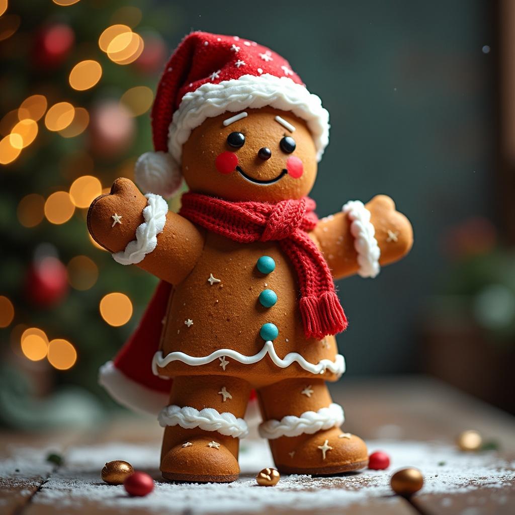 A gingerbread man figure wearing a Santa hat and scarf. The background features holiday decorations and soft lights for a magical Christmas feel.