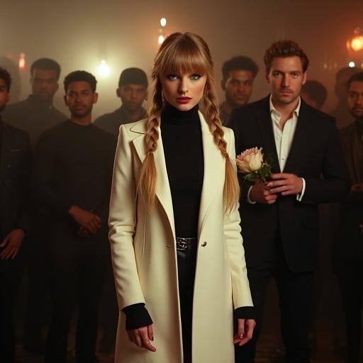 A music video scene in a dingy nightclub features a couple. The woman has very long blonde twintails and big blue eyes with makeup on. She wears a stylish long white overcoat fully closed and a black crew neck sweater. Very high heels complete her outfit. A man in a suit holding flowers stands beside her. In the background, black men are looking at her. The shot captures a full body view of the couple.