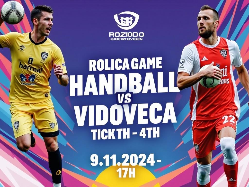 This is a promotional image for an upcoming handball game between RK VIRO VIROVITICA and RK VIDOVEC. The match is scheduled to take place on November 9, 2024, at 17:00. The image features two players from each team, showcasing their uniforms and team logos. There is an energetic and vibrant background that reflects the excitement of the event. This announcement is aimed at gathering support for local sports. Details about ticket sales and event venues can also be highlighted with this image.