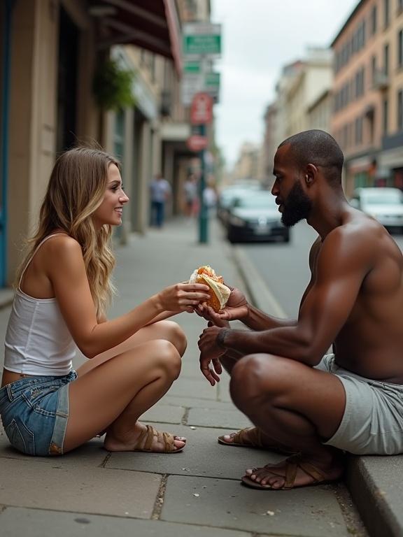 A woman gives a sandwich to a man sitting on the street. They sit close to each other. The woman wears shorts. The scene takes place in an urban setting.
