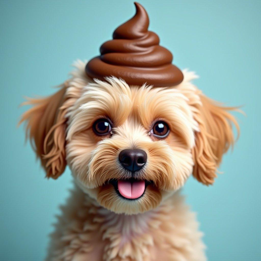 Dog with fluffy fur is smiling. Head features a poop emoji hat. Background color is light blue. Light creates a cheerful atmosphere.