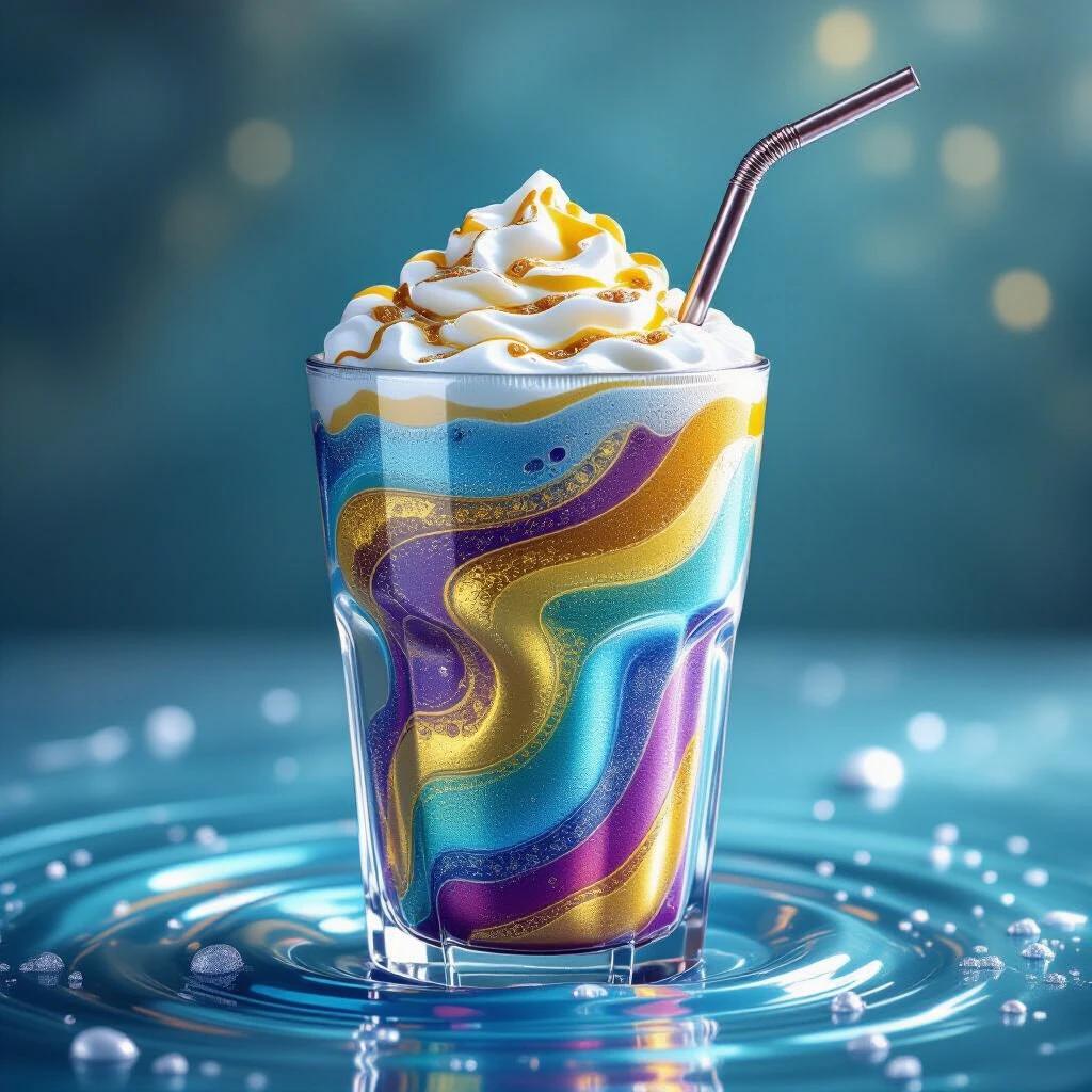 A vibrant smoothie swirling in a glass made of liquid metals. Ripples of mercury, flowing gold, and iridescent bismuth create layers. Topped with gallium foam, a polished titanium straw included.