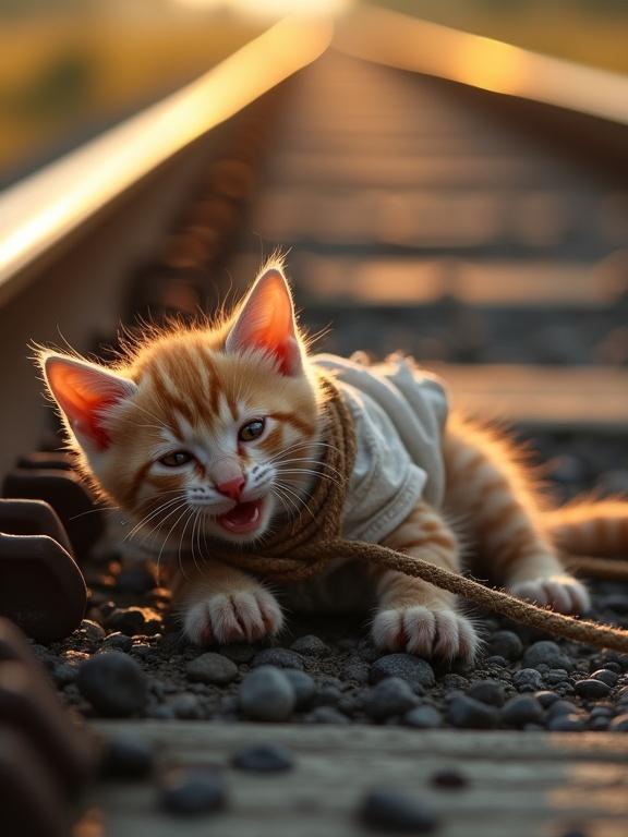 Skinny orange kitten with scruffy fur on a railway track. Torn white t-shirt and thick rope around its body. Fearful expression with wide eyes and open mouth. Scene set during golden hour with emotional lighting. High detail and cinematic realism.