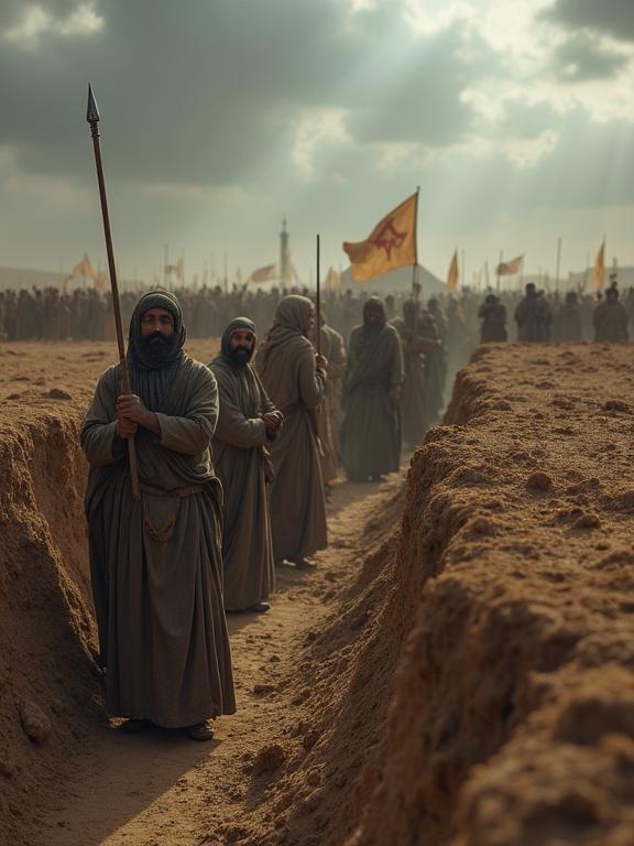 Dramatic scene during the Battle of the Trench. Exhausted Muslim fighters stand behind a deep trench. Dust and sweat on their faces. Dark, cloudy sky adds fear. Enemy armies gather in the background, waving banners. They'll hold weapons tightly, watching for attacks. Women and children hidden in the city, praying for safety. The wide trench stretches across barren land.