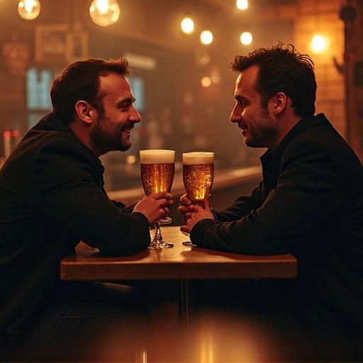 Two men sitting at a table in a bar. They are enjoying beers and engaged in conversation. The setting is warm and inviting with soft lighting and wooden decor.