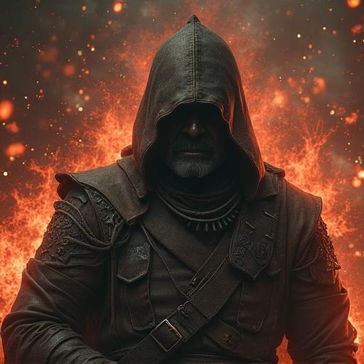 A hooded figure stands in front of flames. The character is dressed in a dark cloak. The atmosphere is intense and dramatic. Shadows play across the face, obscuring features. Flames provide a contrasting glow.