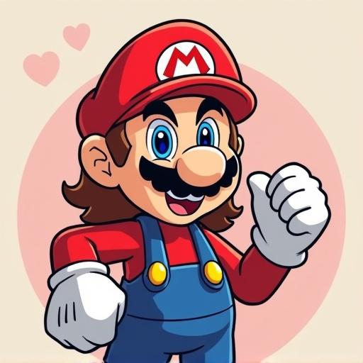 Create a female version of Mario inspired by the original game. Capture a fun and playful persona. Include a character with long hair wearing a red cap with an M logo and blue overalls.