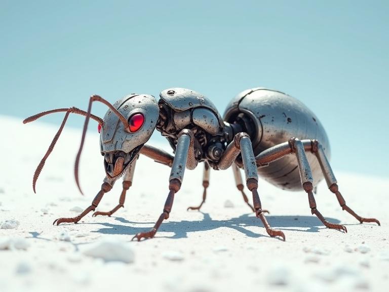Create an image of a large, sleek silver ant. The ant is biomechanical with detailed textures and shiny metallic features. It has red LED eyes and is placed in a white desert under a sunny blue sky. Shadows and realism enhance the details of the ant's design.