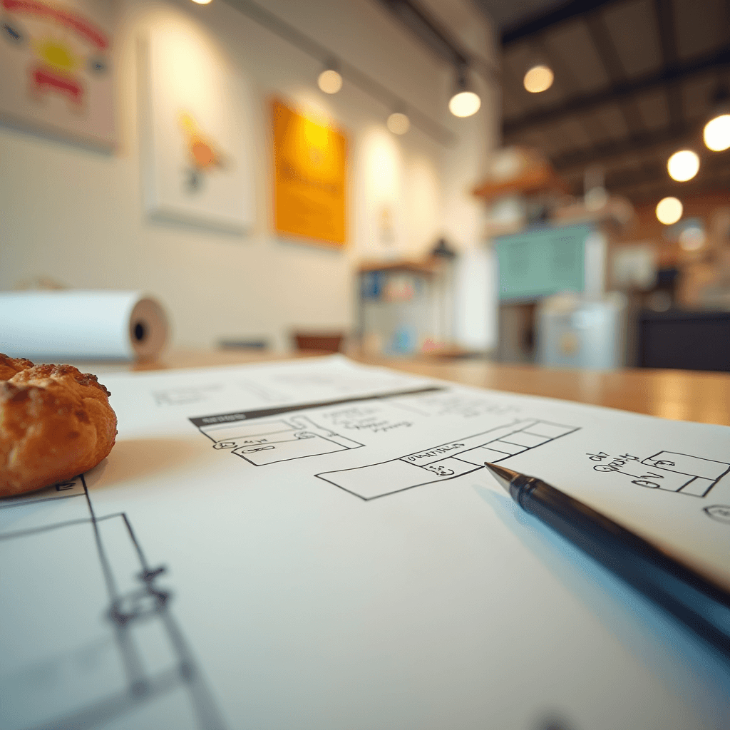 A table in a bright cafe with building plans, a croissant, and a pen.