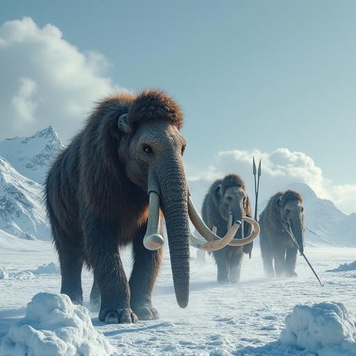 Mammoths walking in snowy Antarctica. Neanderthals throwing spears at them. Ancient scene depicting early human hunting methods.