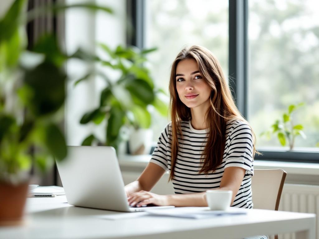 A young woman is seated at a modern desk in a bright, airy room. She is wearing a stylish striped t-shirt and has long, straight hair. In front of her is an open laptop, and she appears focused on her work. Large windows behind her provide plenty of natural light, enhancing the inviting atmosphere of the space. The room features minimalistic decor with some greenery visible in the background. Overall, the image conveys a sense of productivity and comfort.