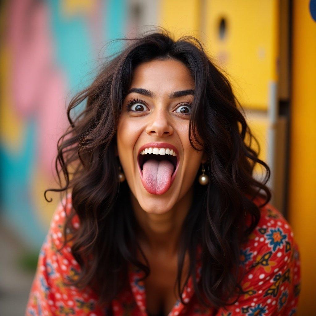 Girl sticking out tongue with eyes wide open. Playful expression. Colorful urban background. Long hair with curls. Brightly colored outfit.