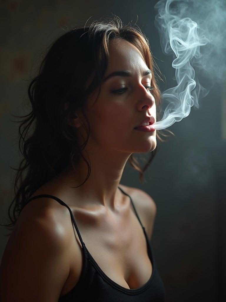 Woman with smoke in a close-up side profile. Soft lighting enhances contours of her body. Smoky background adds dramatic effect. Woman wears a black tank top.