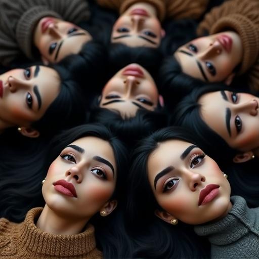 Several teenage girls and women with serious expressions. They have large dark brown eyes, dark hair, and thick eyebrows. Their faces are arranged in a circle, all looking at the viewer with mouths closed. The lighting is soft, creating an intimate atmosphere.