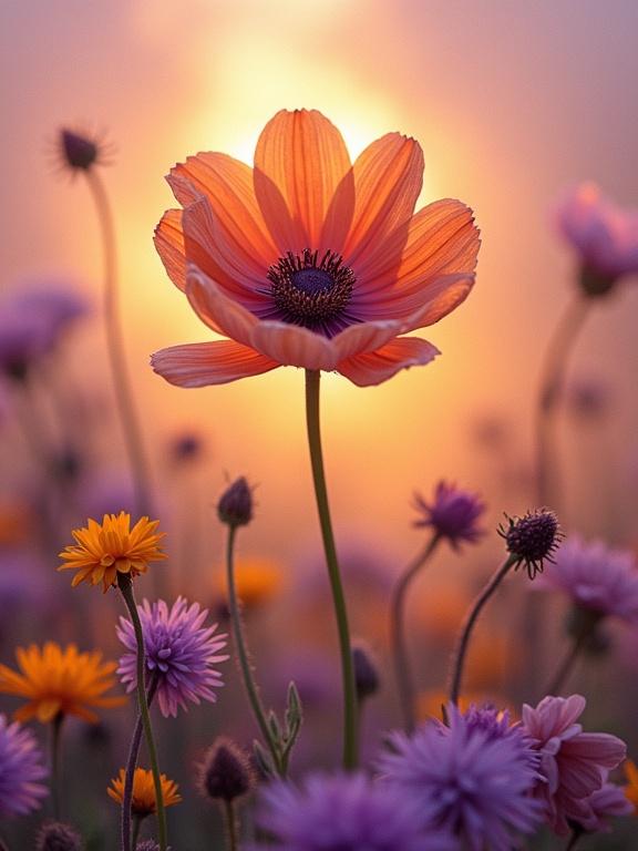 Image features a dreamy floralscape with vibrant flowers. A large orange flower stands prominently. Purple and yellow flowers surround it. Background has a soft, warm glow resembling a sunset. Artistic and natural presentation.