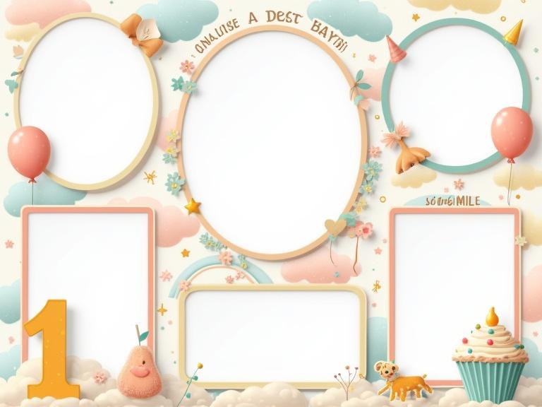 First birthday-themed photo collage layout. Five blank photo frames. Frames shaped uniquely with birthday elements. Background with pastel textures and playful patterns. Gentle and cheerful design for a child's birthday.