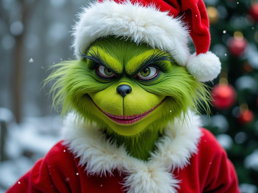 Transform this person into the Christmas Grinch. Change their facial expression to one that looks mischievous and scheming, with a sly grin. Add the signature green fur that covers the Grinch's skin. Dress them in a red Santa suit with white trim, but make it slightly torn to reflect the Grinch's character. Include a Santa hat perched on their head, slightly askew. The background should be a snowy winter scene, with pine trees and decorations to give it a festive feel.