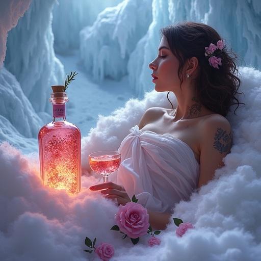 Goddess with tattoos wears a transparent silky wrap. She reclines on white-violet smoke. She holds a glowing bottle labeled ALFRUNO. The bottle has shimmering reddish stardust. It sits in an ice cave. Gentle flowers and rosemary enhance the scene. The scene is illuminated soft light with a tranquil magical feel.