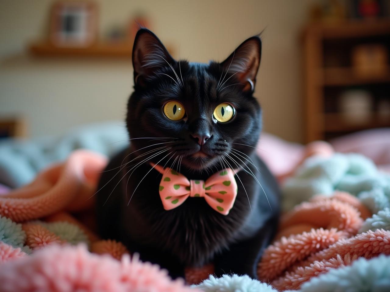 The image features a black cat sitting on a pile of colorful blankets. The cat has bright yellow-green eyes and is wearing a small, patterned bow tie. Its fur looks shiny and well-groomed. The background shows a cozy indoor space with blurred shelves and decorations. The scene conveys a warm and playful atmosphere, highlighting the cat's curious expression.