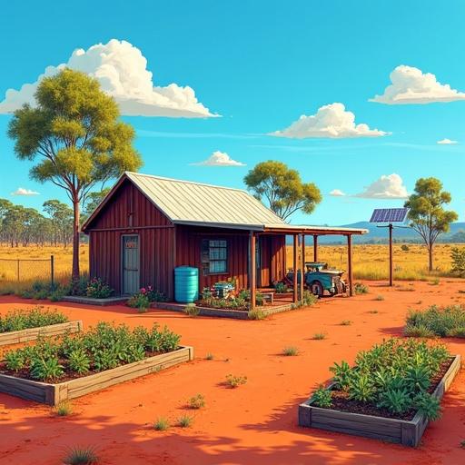 Vibrant illustrative depiction of an Australian off-grid homestead in a rural outback setting. Small timber cabin with a corrugated metal roof. Surrounded by raised garden beds with vegetables, rainwater tank, and solar panels. Firebreak of cleared land around the homestead. Dry red-soil landscape with eucalyptus trees under a bright blue sky. Clear semi-realistic style with labeled elements highlighting self-sufficiency.