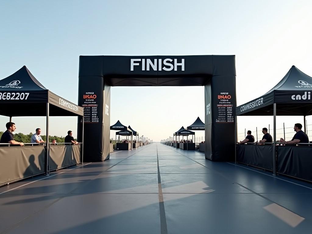 The image showcases an expansive finish line for a race event. A large, bold 'FINISH' banner is prominently displayed at the end of a long, smooth track. On either side of the track are several tents, possibly for officials and spectators. The scene suggests a well-organized sporting event, with multiple people seated behind the tents. The atmosphere appears energetic and ready for competition. Bright natural light adds to the clarity and excitement of the setting.