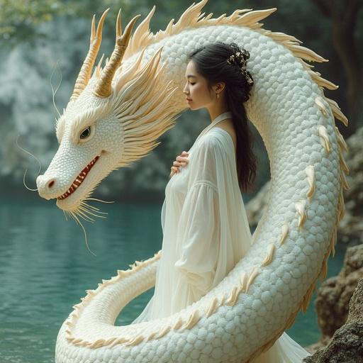 A beautiful Asian young woman clad in purest white as a traditional princess stands beside a majestic dragon spirit by a tranquil river. The dragon has elegant features and a calm demeanor, symbolizing friendship and grace in nature. The setting is lush and ethereal, evoking a sense of wonder and harmony between the two characters.