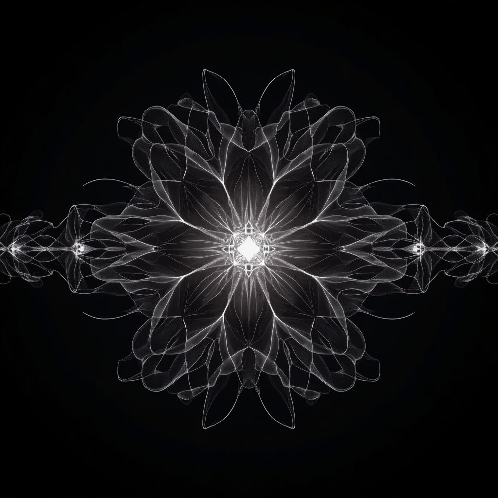 Cymatics visualizing 888hz sound frequencies with intricate patterns. Detailed representation of sound waves in high definition quality against a vantablack backdrop.