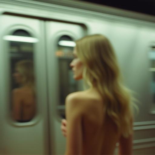 Blurry photograph depicts a woman standing in front of a subway car. Capture features her reflection on the window. Shot with Hasselblad X2D camera. Natural light provides soft shadows and low contrast. Color palette incorporates calm and muted pastels. She gazes into the distance with long blonde hair.