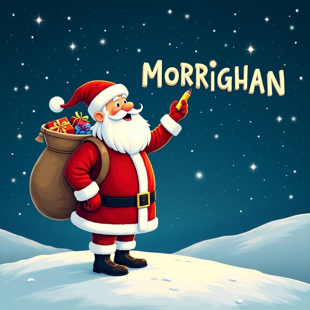 Santa Claus stands on a snowy hill under a starry night sky. He writes names in the sky with a pencil. Santa is dressed in red and white. A large sack of gifts is on his back. The name MORRIGHAN is displayed in a whimsical font.