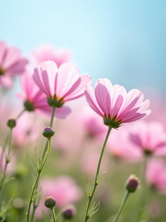Photograph captures a field of pink cosmos flowers. Shallow depth of field creates soft focus effect. Bright sunlight and clear blue sky provide a serene backdrop. Green stems hold delicate pink petals with yellow centers. Some flowers are in full bloom while others are in bud form. Gentle and natural light contributes to a peaceful atmosphere. Springtime setting emphasizes light and airy feel. Close-up shot reveals soft pastel colors and subtle textures. Subtle bokeh effect enhances calm mood. Vertical composition showcases outdoor setting.