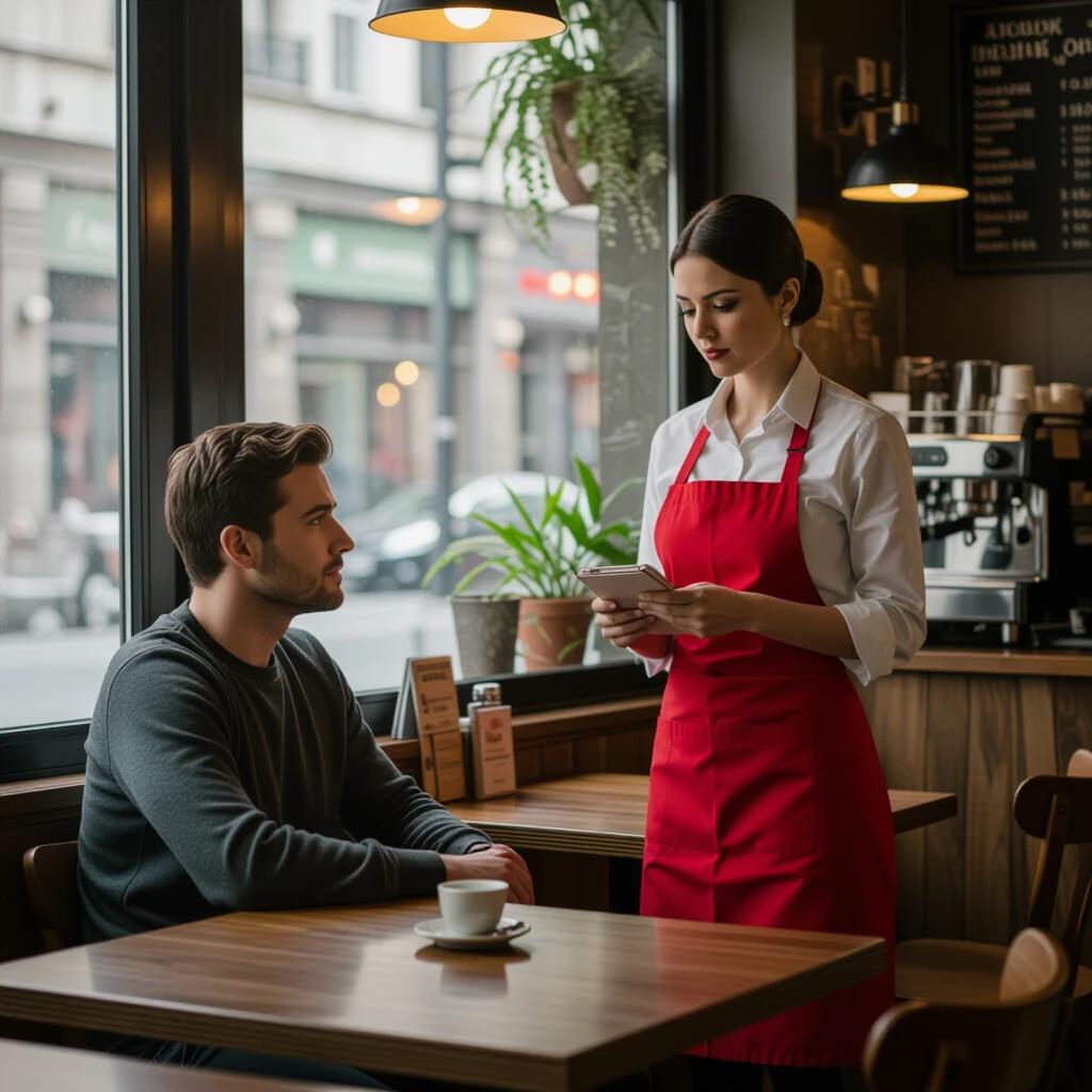 A cinematic scene inside a moody cafe. The aesthetic is inspired by European designs. A man sits alone by a window. He wears modern clothes and gazes at the waitress. The waitress wears a red apron over a white shirt. She approaches with a notepad. Her body language shows her irritation. The man admires her thoughtfully. The atmosphere has rich contrast and soft light from the window. Reflections in the glass enhance the mood.
