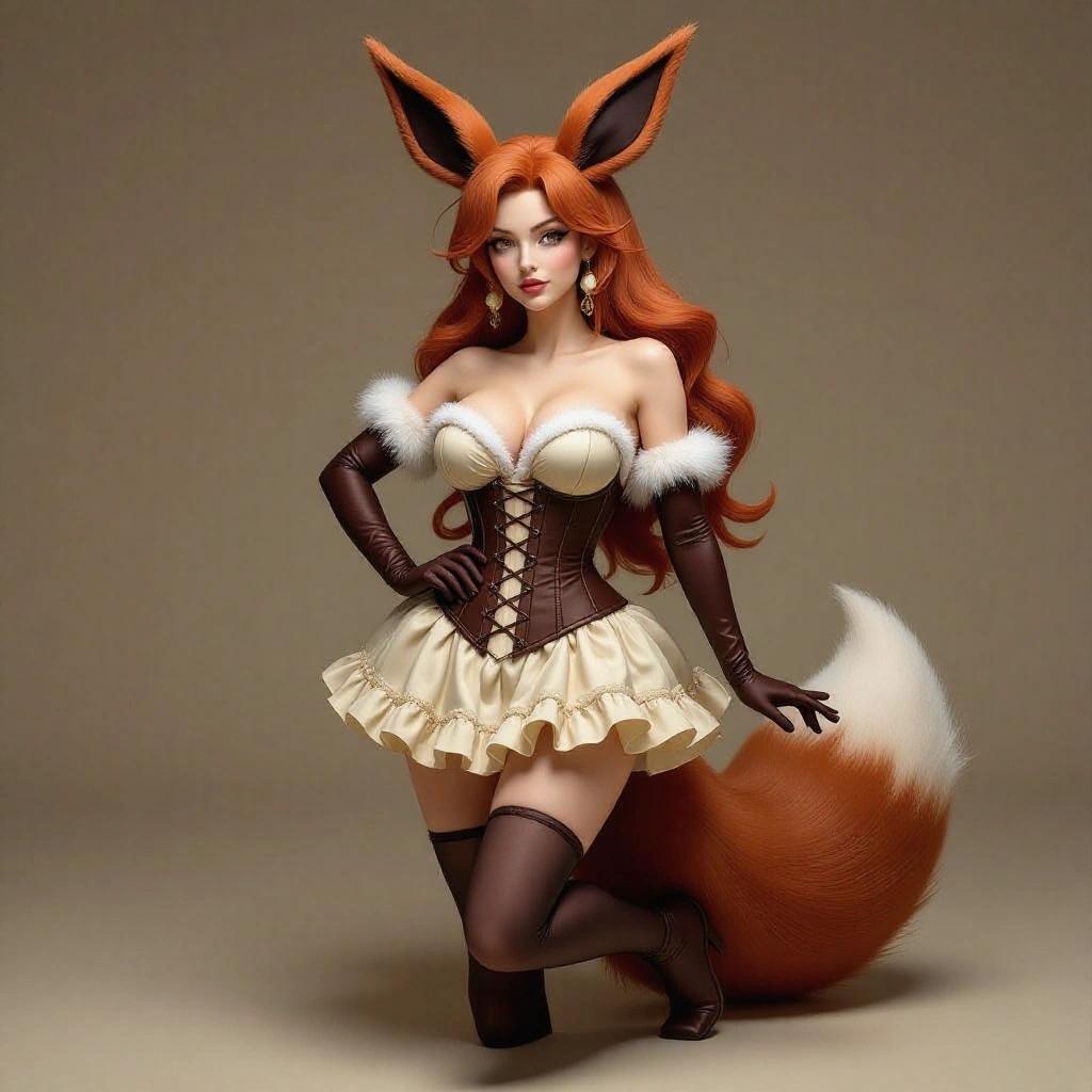 Adult female figure inspired by Eevee. Sensual woman with a curvaceous body. Soft skin and long legs. Brown corset with white edges. Short creamy ruffled skirt. Long wavy reddish-brown hair. Large pointy ears and voluminous tail. Seductive expression with intense gaze and half-smile. Feminine pose with one leg crossed.
