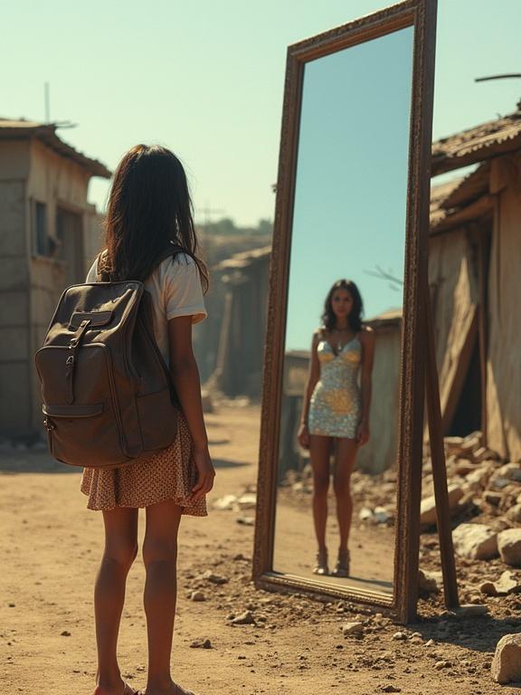 A young girl with a backpack stands before a large mirror in a desolate setting. The mirror reflects a glamorous woman in a dazzling dress. Surroundings are shacks and debris. Mood shows contrast and reflection. The girl's attire is simple, while the reflection conveys elegance. Background highlights poverty.
