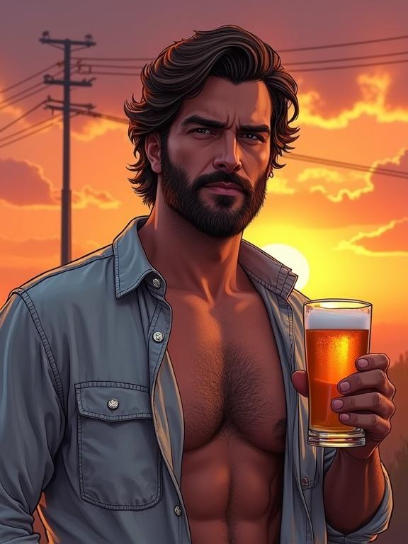 Hand-drawn comic art style featuring a man with a beard and mustache wearing an open shirt. The man holds a glass of beer. Scene set during sunset with dramatic shadows and realistic proportions. Strong use of vibrant colors and cinematic composition in digital painting style.
