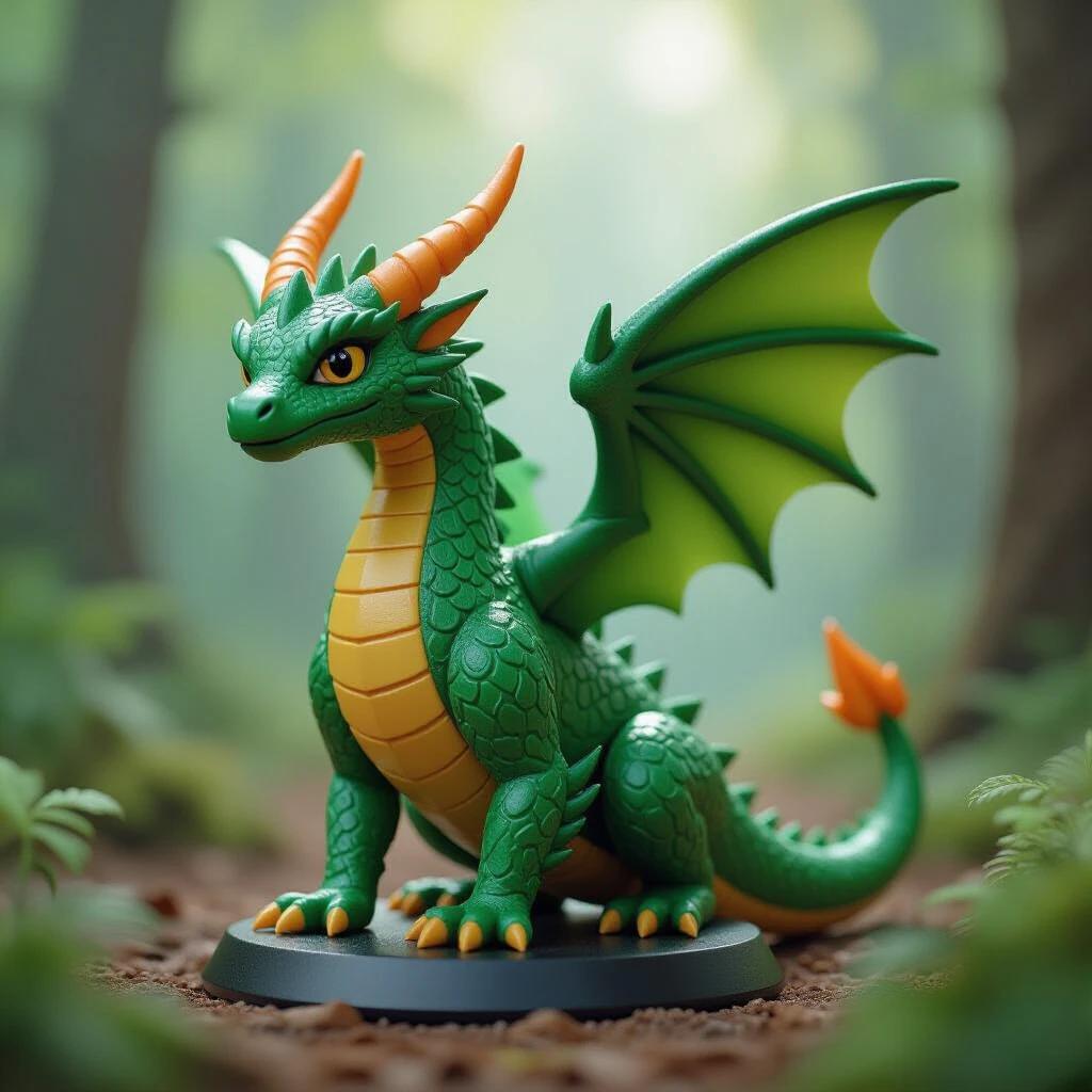 Compact plastic dragon toy with bright green color. Features stylized leaf wings and round wooden horns. Includes yellow glasses and a glossy black base. Macro photo of Gormiti Energheia 2010 series.
