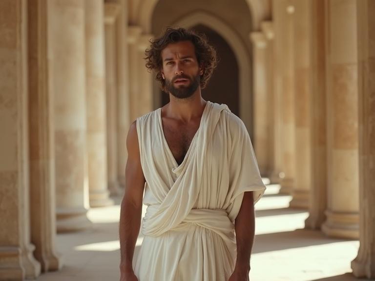 A thoughtful man with curly hair stands alone in a Greek-style palace. He wears a flowing white ancient robe, with one shoulder exposed. He appears reflective and content, surrounded by elegant columns and soft light.