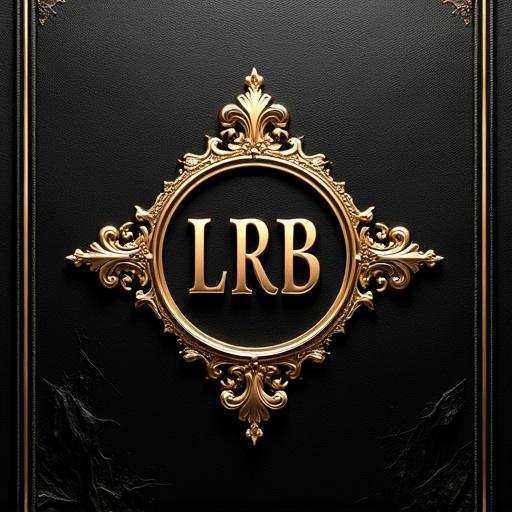 Highly detailed polished gold emblem centered on rich black textured leather background. Letters LRB surrounded by intricate baroque-style filigree. Design is clean and symmetrical. Powerful resemblance to high-fashion brand logo. 3D render graphic design minimalist style.