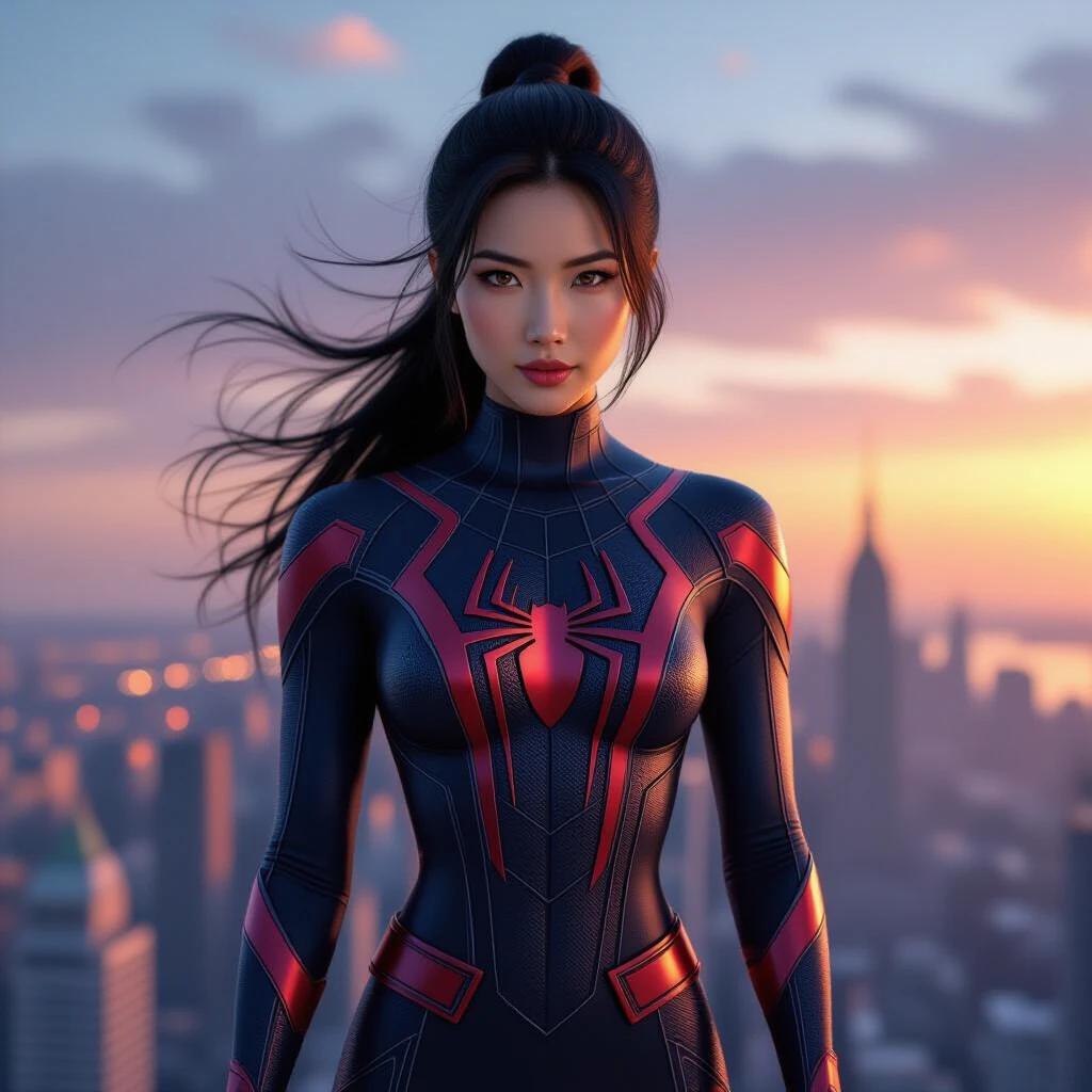 A East Asian woman appears in a Spider-Woman suit. She has black silky hair tied in a bun and confident eyes. Standing on a skyscraper at sunset. The lighting is cinematic and hyper-realistic. The fabric texture is detailed. The wind blows her hair.