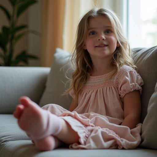 Little girl sitting on the sofa. One foot is in a sock. The girl is looking at the camera. Soft lighting enhances the scene.