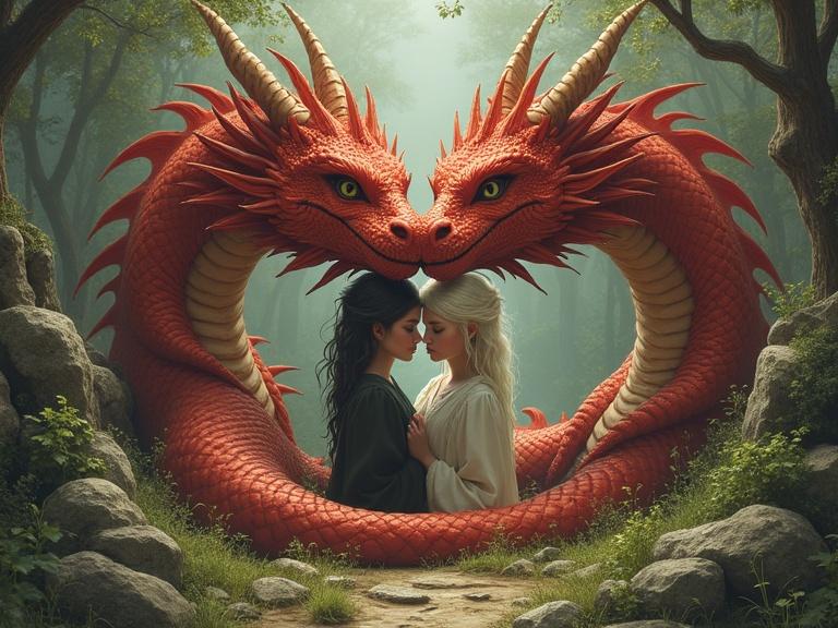 Artwork featuring two conjoined figures and a magnificent red dragon in a lush green landscape. The figures embrace while the dragon forms an arch around them. This piece explores themes of unity and nature's protection.