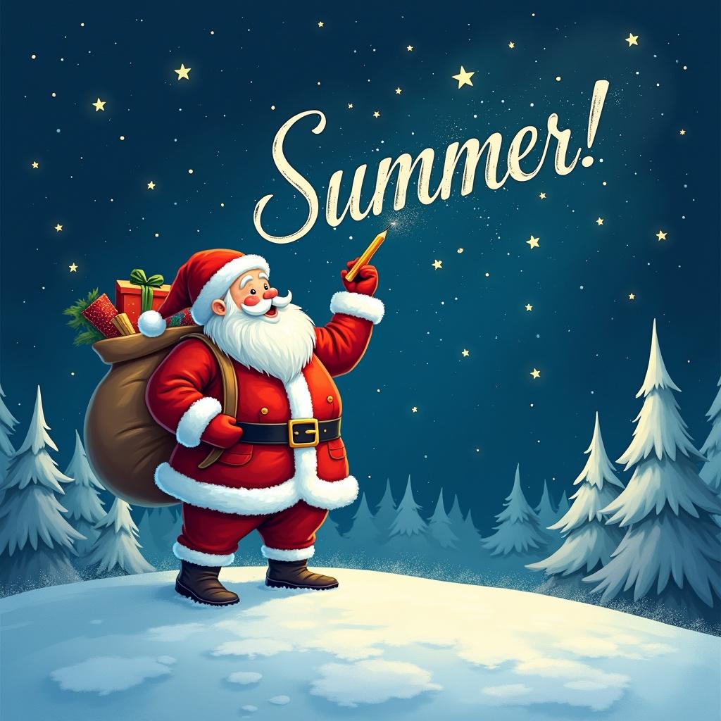 A winter scene features Santa Claus on a snowy hill. He holds a pencil and looks up, writing names in the sky. Santa wears a red and white suit with a large sack of gifts. Stars twinkle around him. The word 'Summer!' is in a whimsical font.