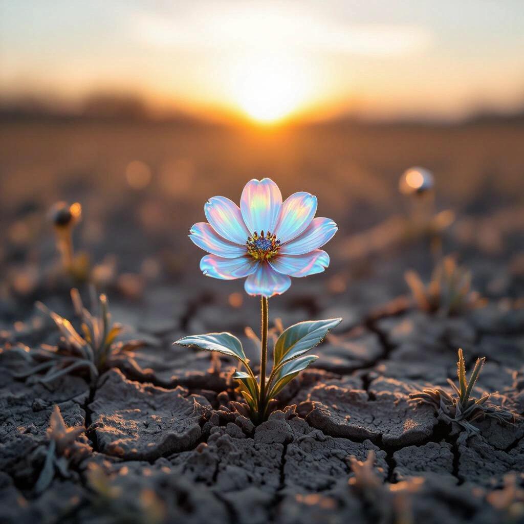 A scorched field showcases a single chrome flower blooming. Iridescent petals capture the dying sunlight. The landscape is dry and cracked. The background features a warm sunset. A scene of resilience and beauty in nature.