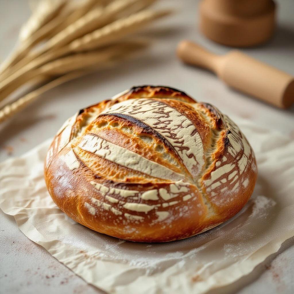 Artisanal sourdough bread freshly baked on a parchment paper. round shape with crispy crust. natural light illuminating the bread textures. simple kitchen setting with a rolling pin and wheat in the background.